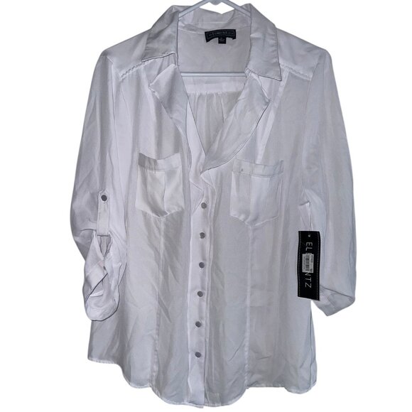 NWT Elementz Roll Tab Sleeve Button Up Blouse Sz L White Classic Preppy - Picture 1 of 7